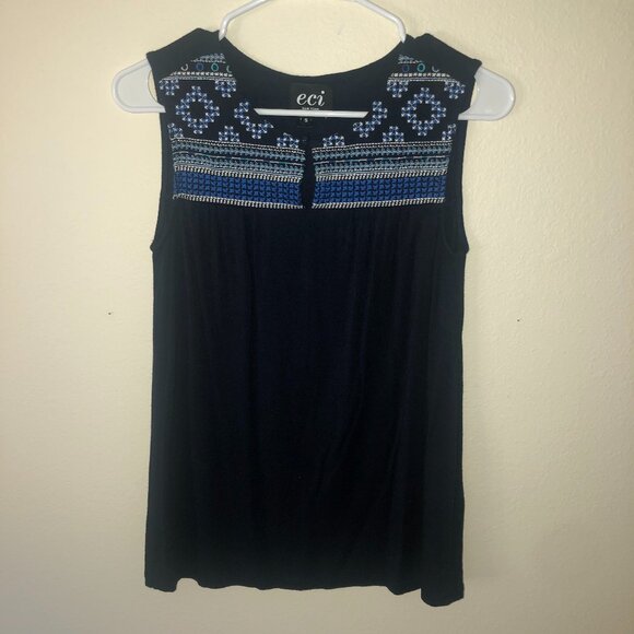 🌞 Eci New York Tank Top Size Small Women Navy Blue Embroidered Pattern - Picture 1 of 3